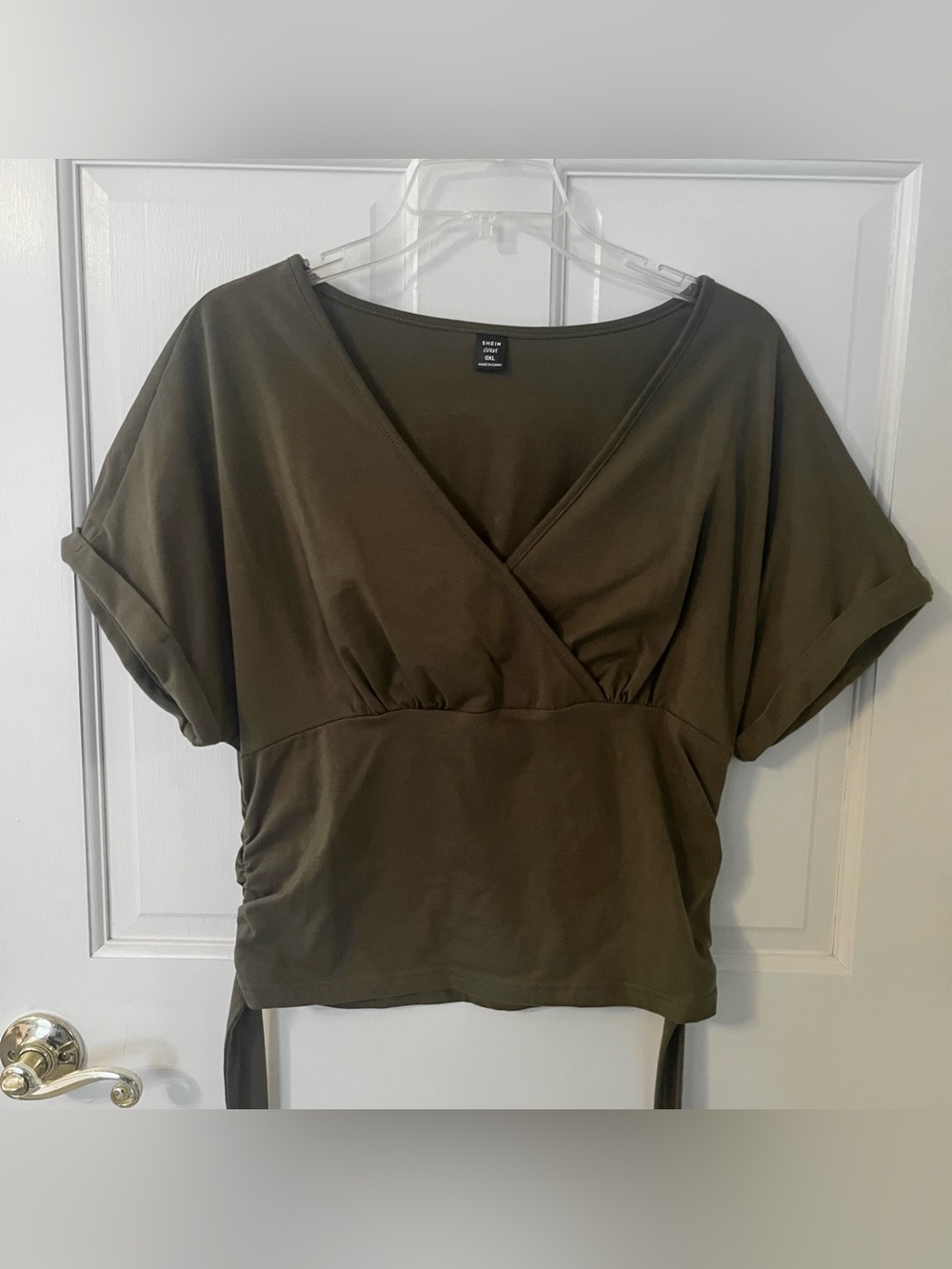 SHEIN Olive Green Ruched Surplice Tie-Hem Short Sleeve Top